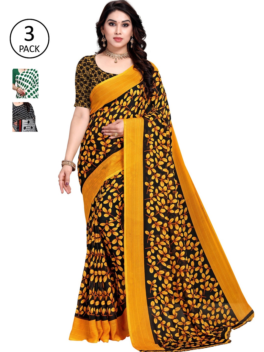KALINI Women Pack of 3 Printed Poly Georgette Sarees, Yellow