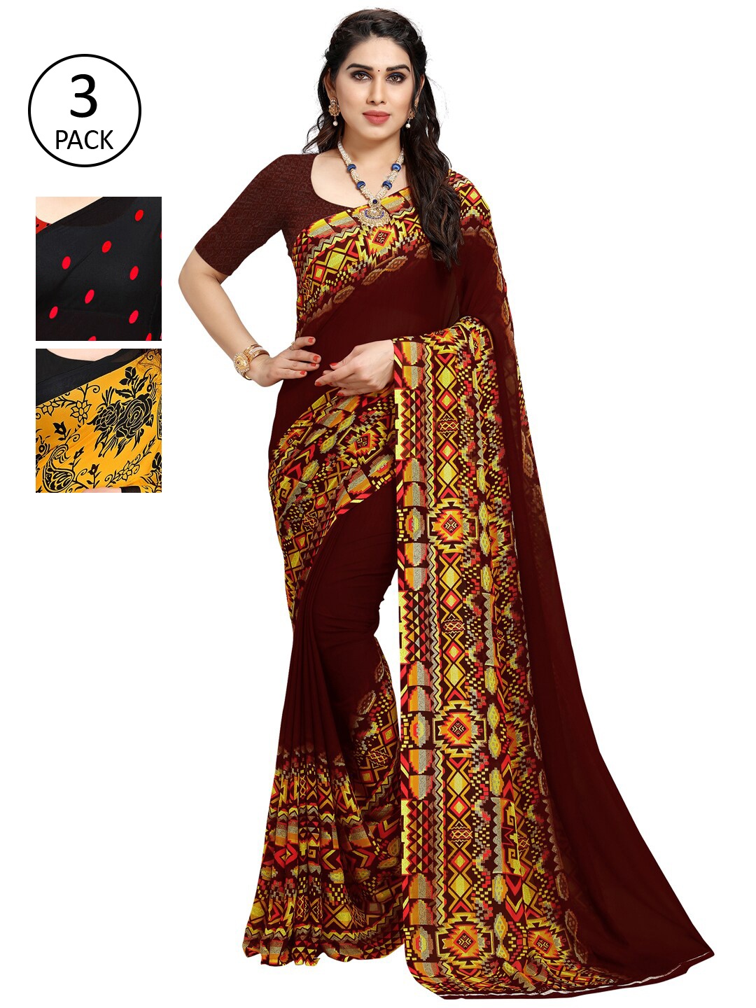 KALINI Pack of 3 Poly Georgette Sarees, Black