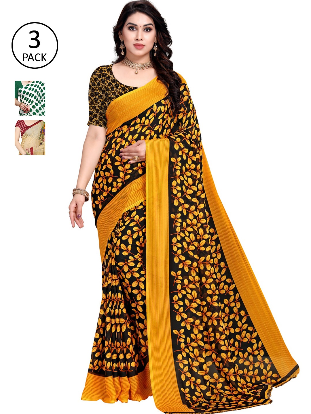 KALINI Women Pack of 3 Printed Poly Georgette Sarees, Yellow