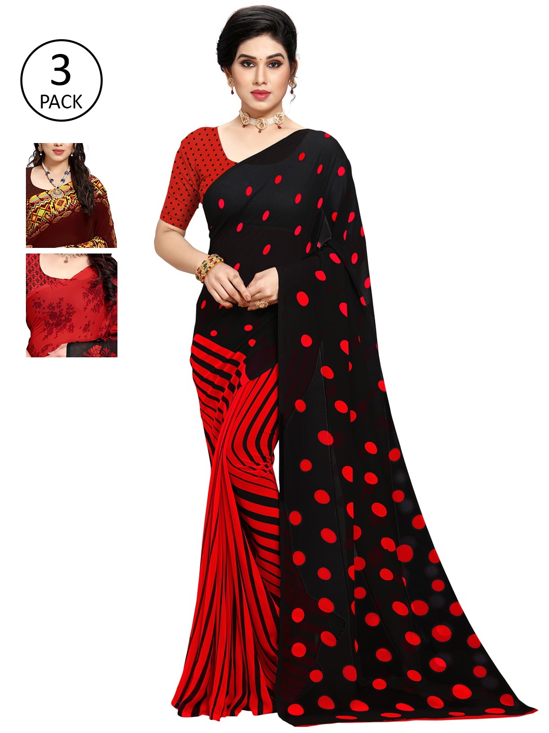 KALINI Pack Of 3 Printed Sarees, Red