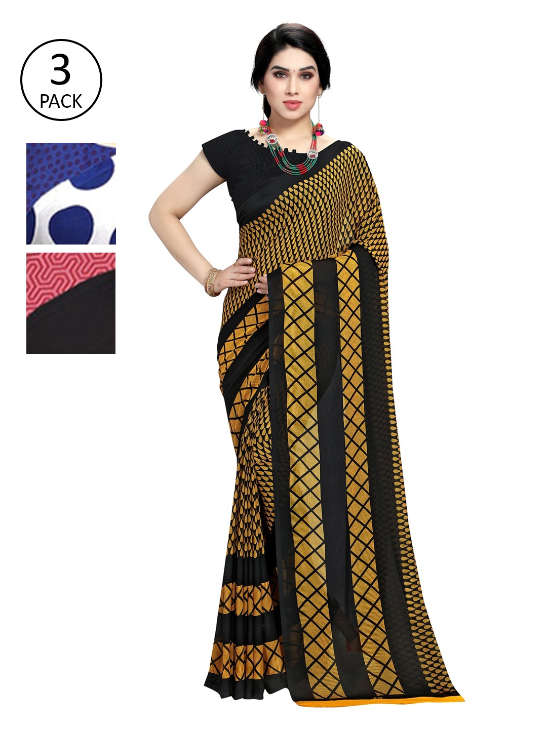 KALINI Women Pack of 3 Printed Poly Georgette Sarees, Yellow