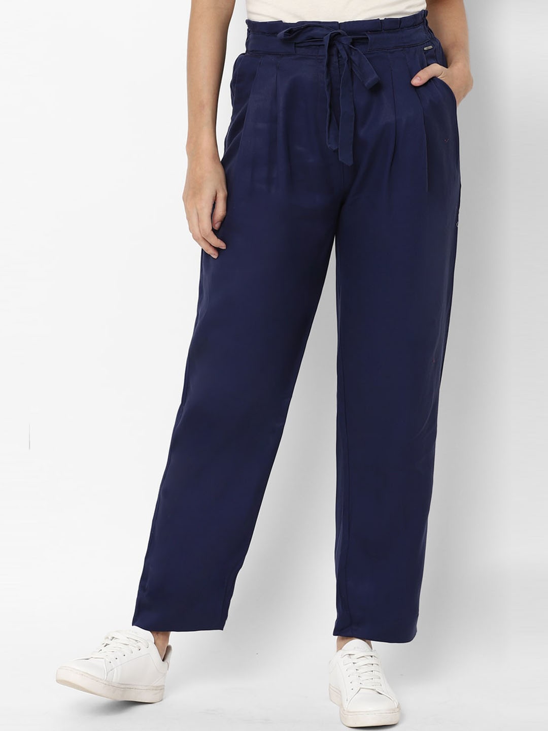Allen Solly Woman Navy Blue Pleated Regular Fit Trousers