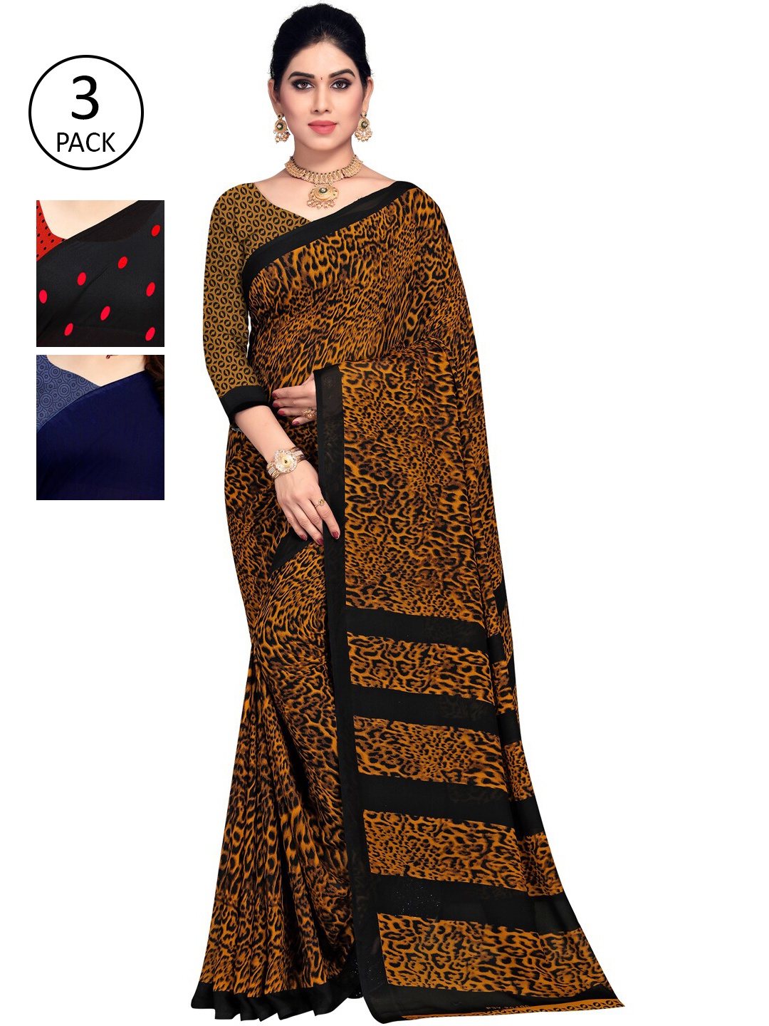 KALINI Red & Black Pack of 3 Printed Saree