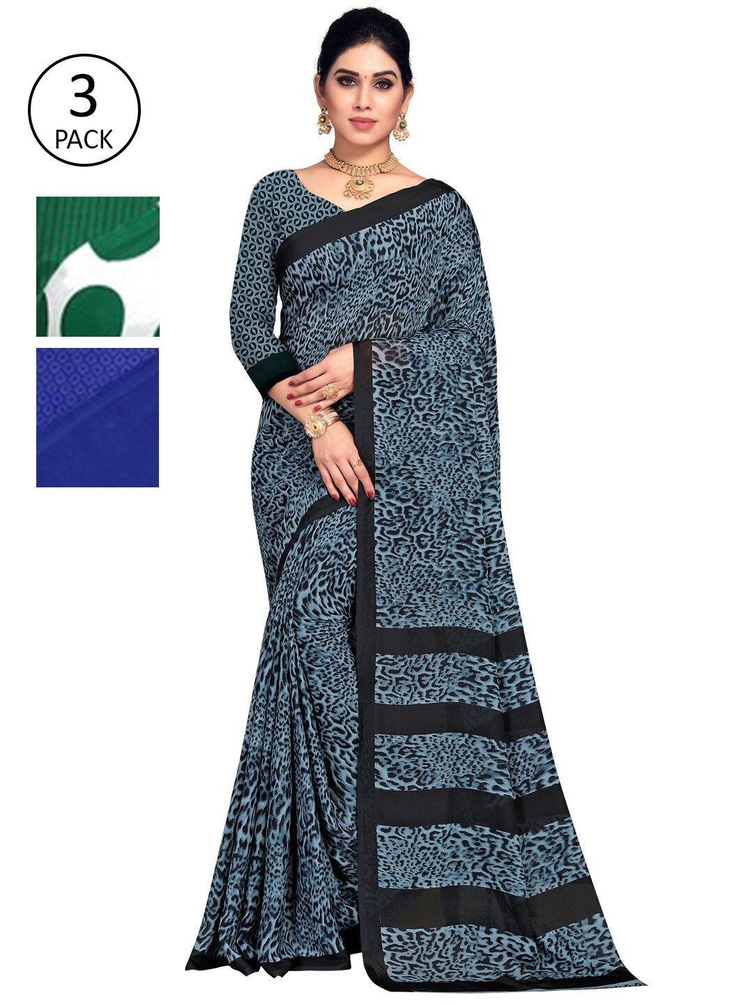 KALINI Pack Of 3 Multicoloured Poly Georgette Sarees, Multi