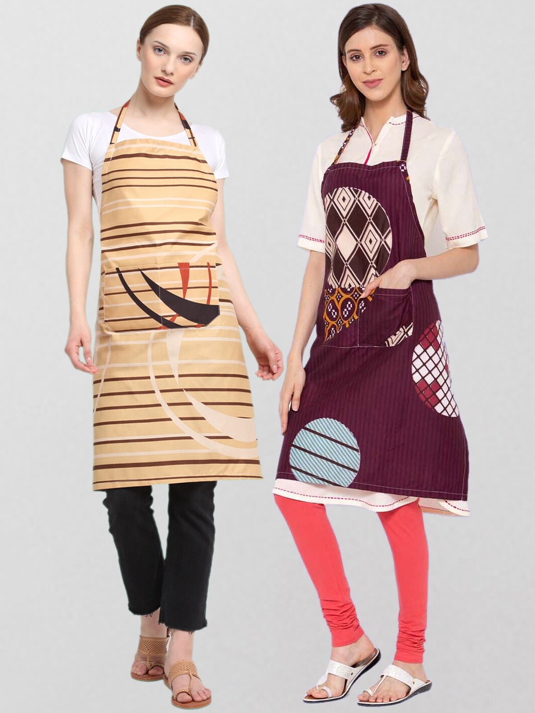KLOTTHE Pack Of 2 Printed 210 TC Cotton Aprons, Beige