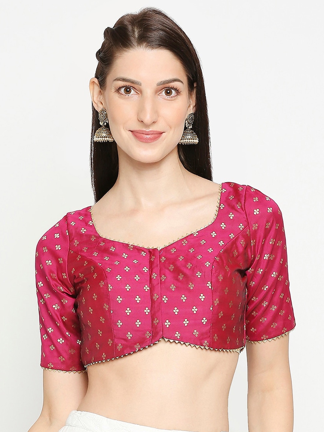 SALWAR STUDIO Women Pink Woven-Design Brocade Readymade Saree Blouse