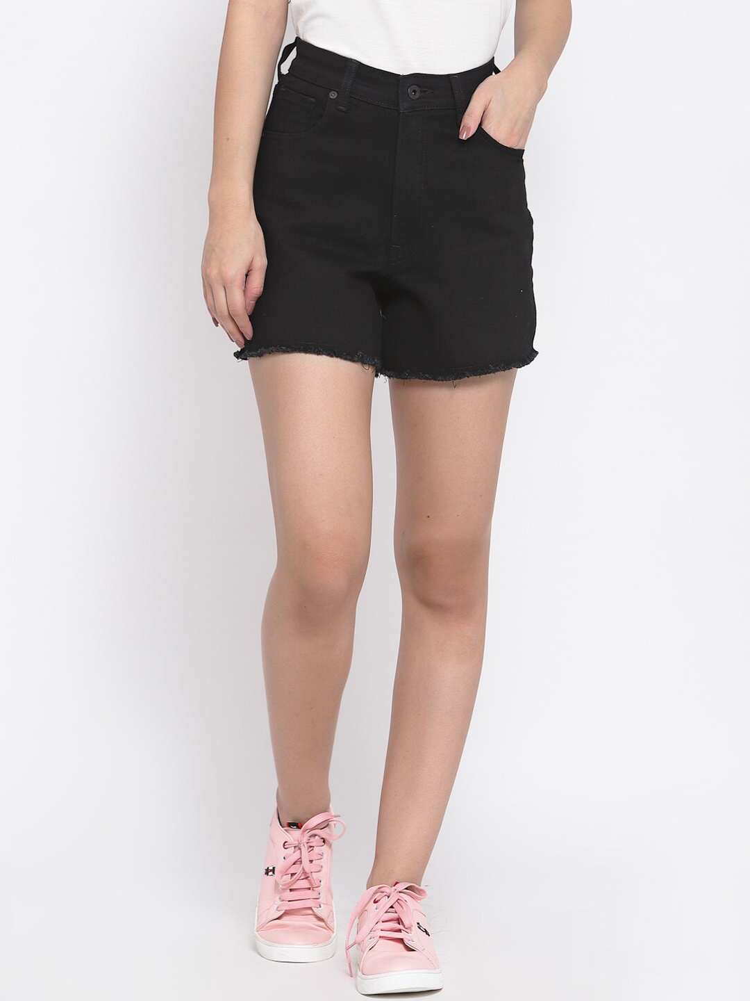 Pepe Jeans Women Black Solid High-Rise Denim Shorts