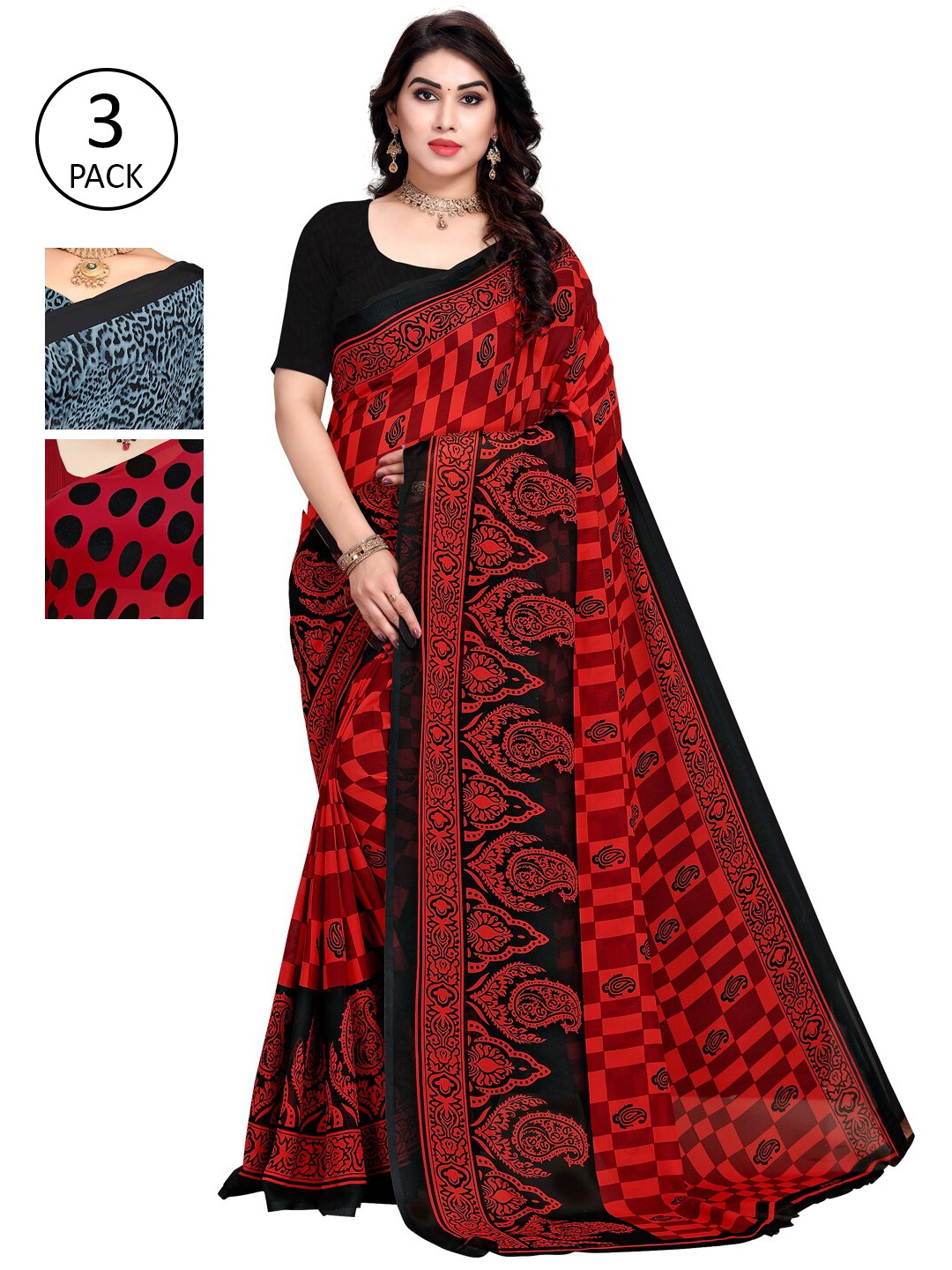 KALINI Pack Of 3 Grey & Red Saree