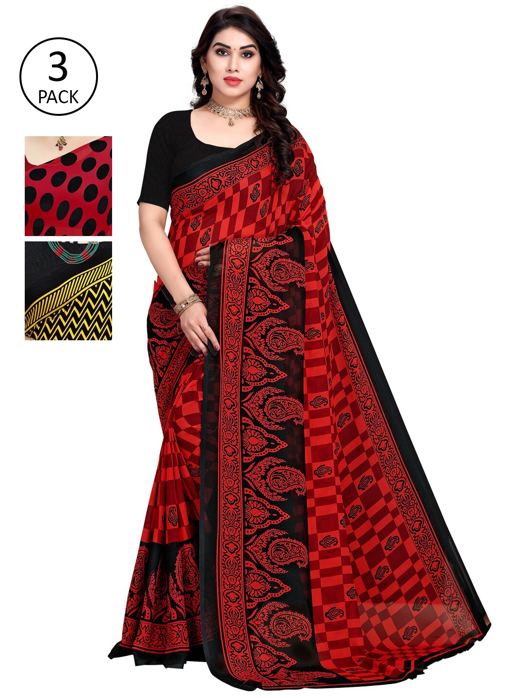 KALINI Pack Of 3 Poly Georgette Printed Sarees, Black