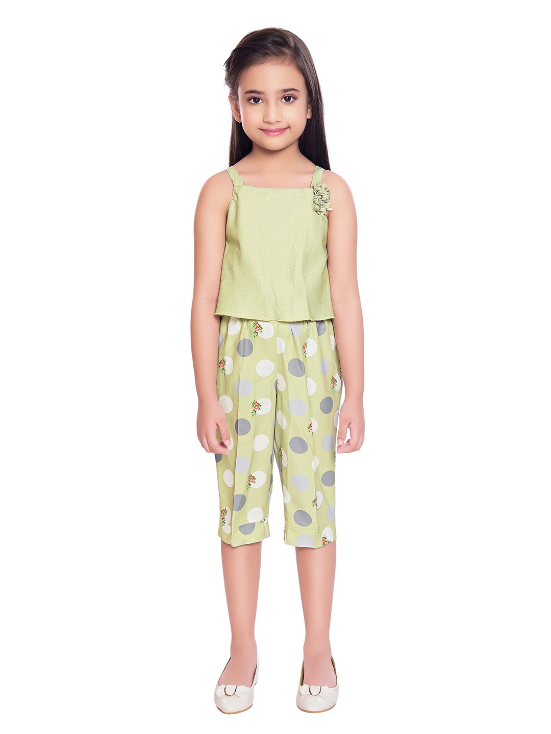 Tiny Baby Girls Green & White Printed Capri Jumpsuit