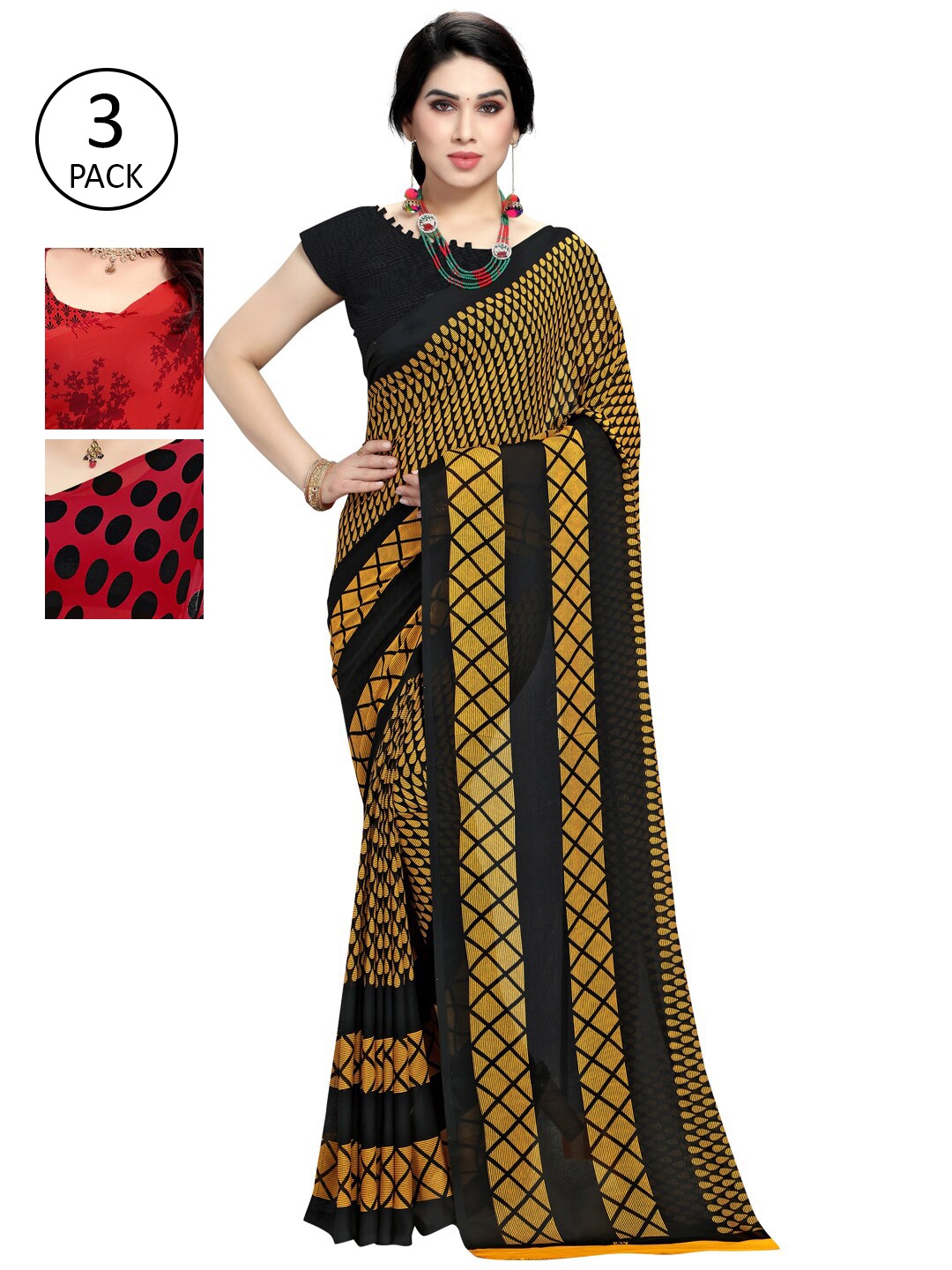 KALINI Red & Black Pack of 3 Printed Sarees
