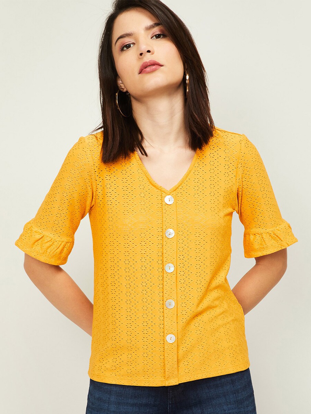 Bossini Mustard Yellow Shirt Style Schiffli Top