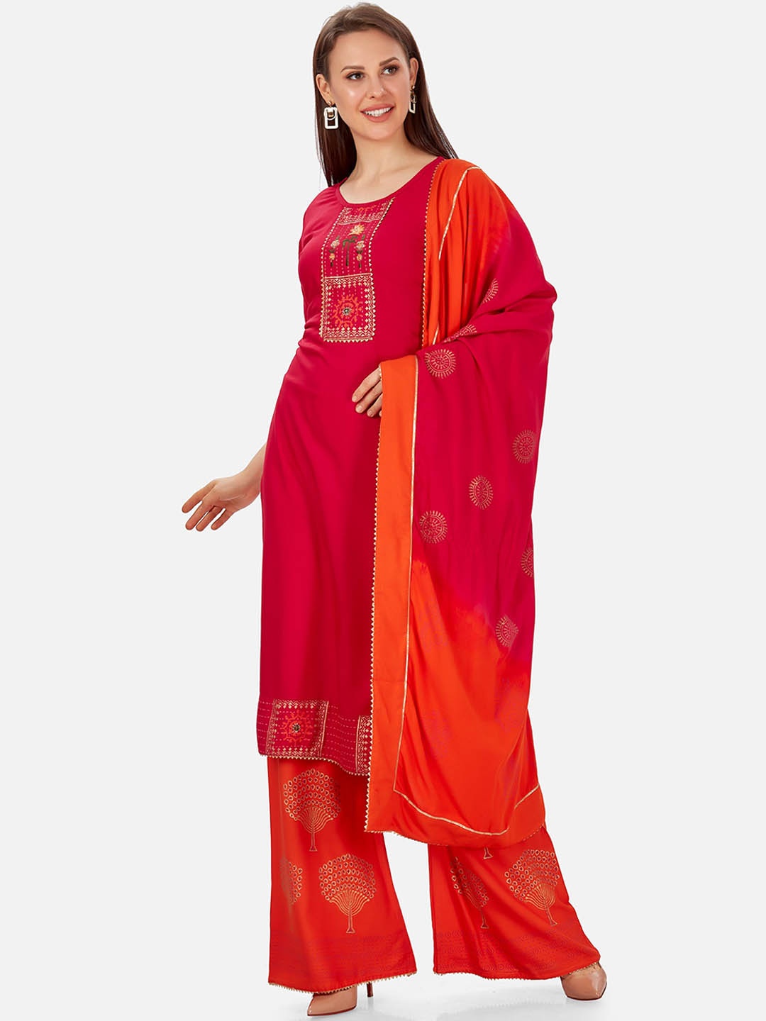 Kiana Women Pink Ethnic Motifs Yoke Design Kurta with Palazzos & With Dupatta