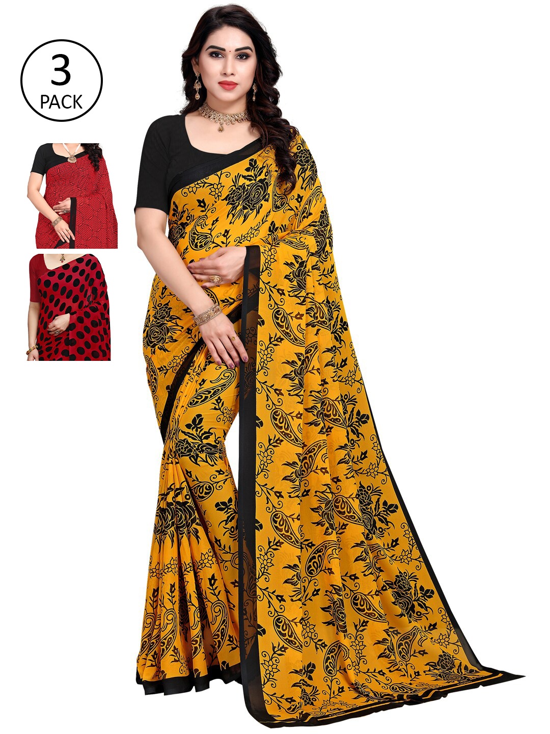 KALINI Pack Of 3 Poly Georgette Printed Sarees, Yellow