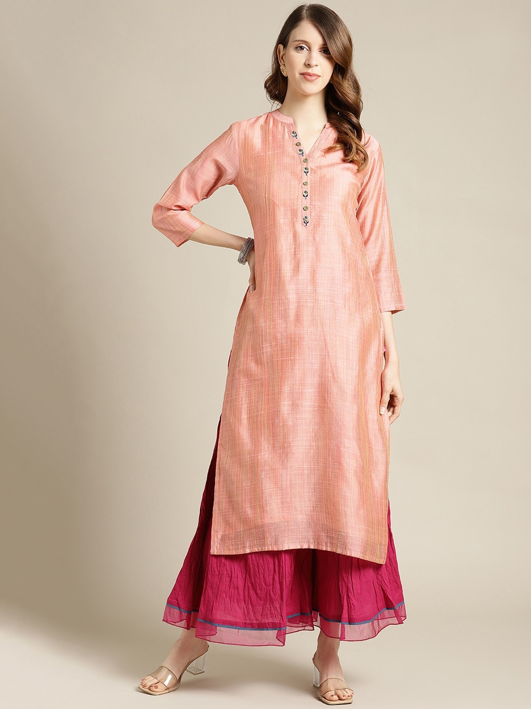KSUT Women Pink Pure Silk Textured Kurta with Skirt