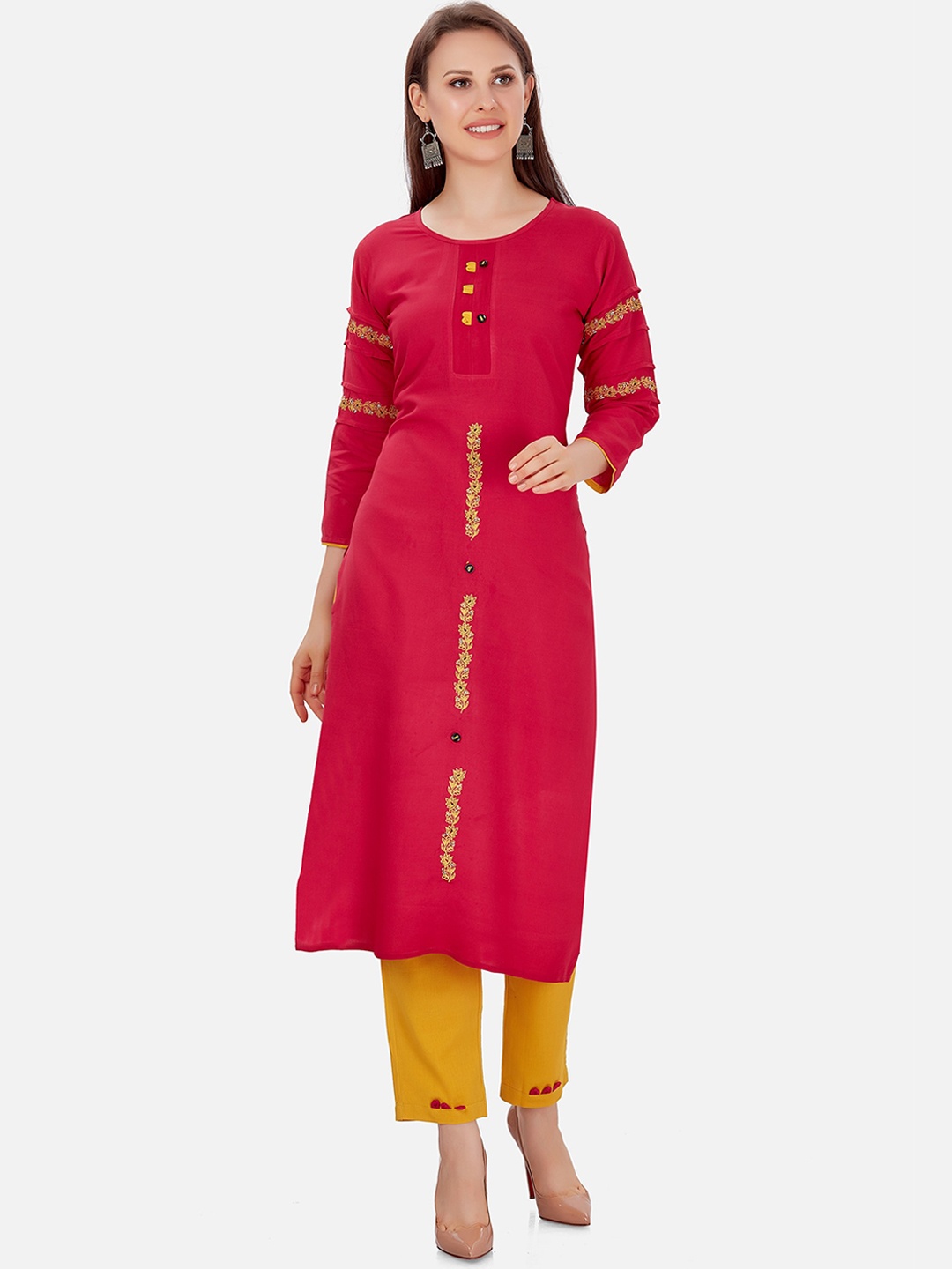 Kiana Women Pink Rayon Embroidered Kurta Set