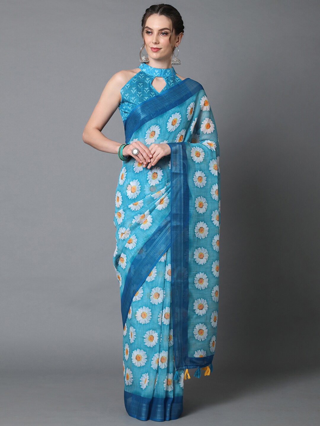 Mitera Blue Floral Linen Blend Saree