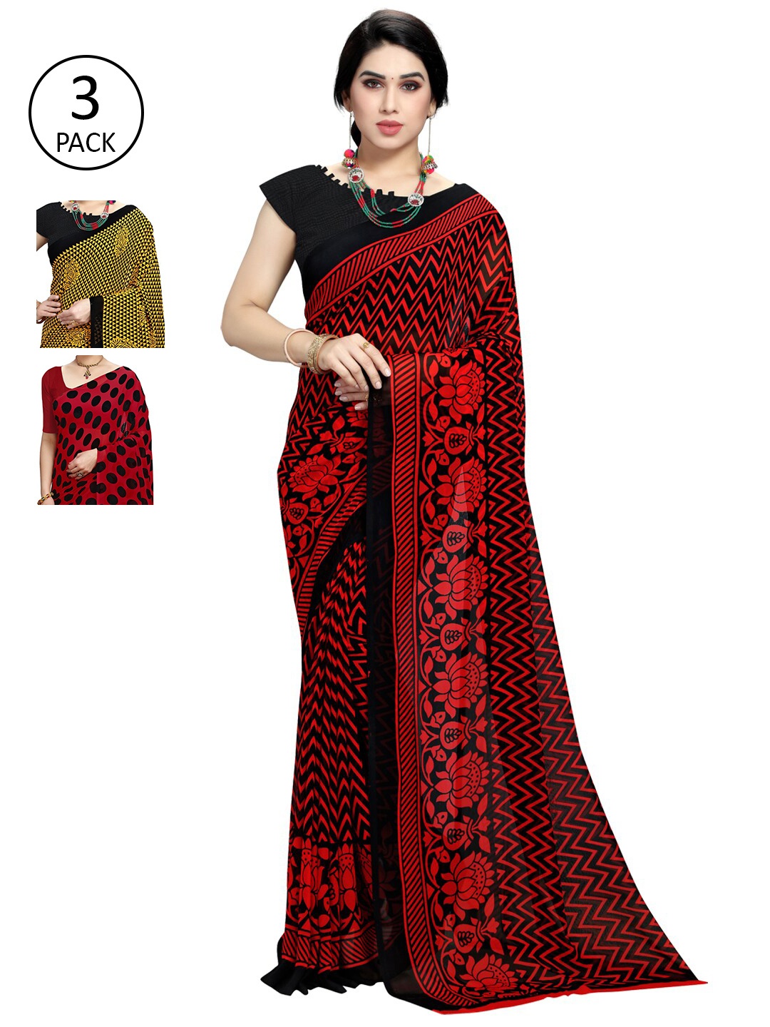 KALINI Red & Black Pack of 3 Printed Sarees