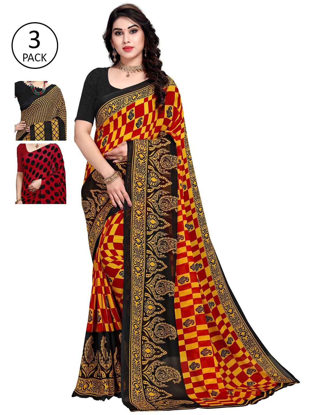 KALINI Pack Of 3 Red & Yellow Saree