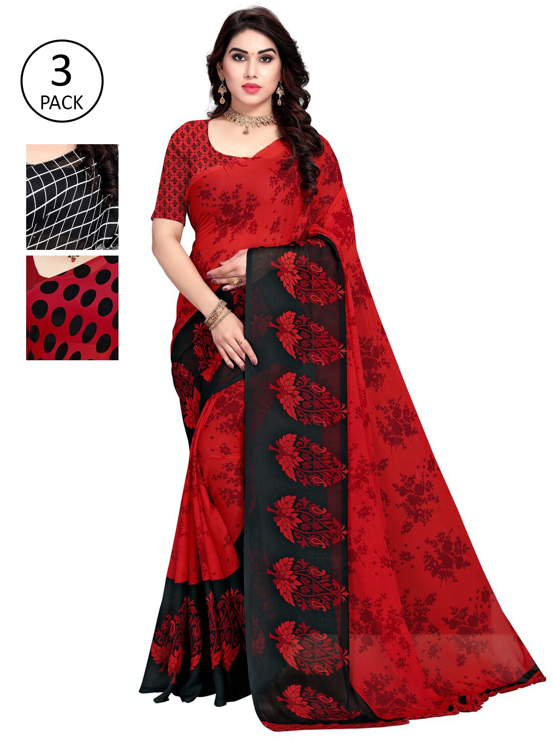 KALINI Pack Of 3 Grey & Red Saree
