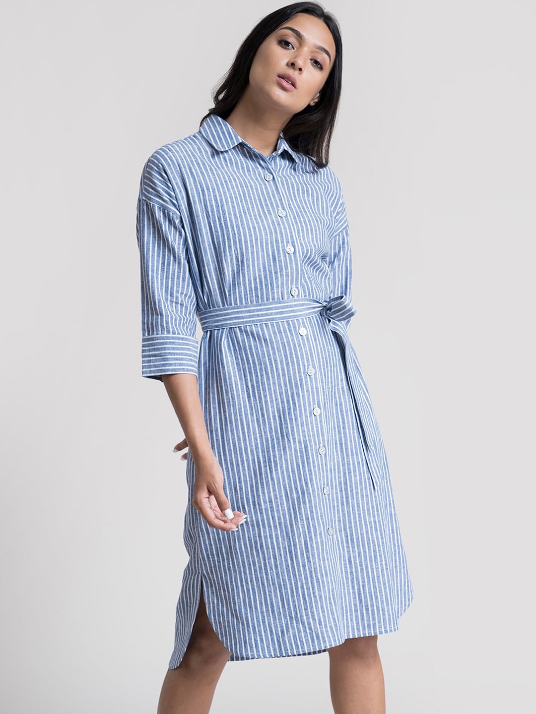 FableStreet Blue Striped Shirt Dress