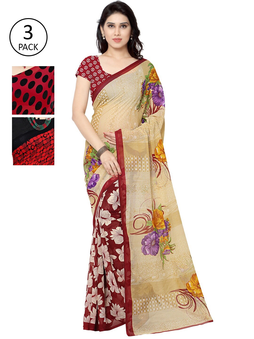 KALINI Pack Of 3 Red & Beige Saree