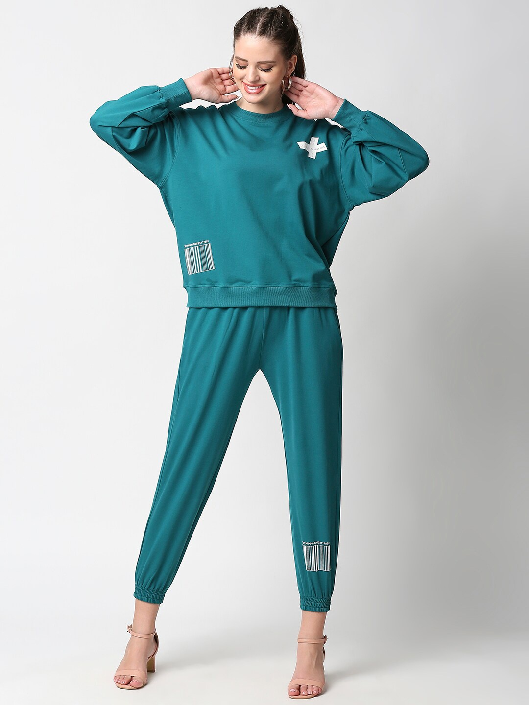 ANWAIND Women Teal & White Pure Cotton T-shirt with Trousers