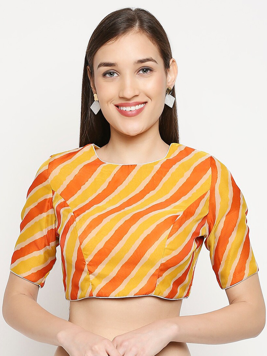 SALWAR STUDIO Yellow & Orange Printed Readymade Saree Blouse