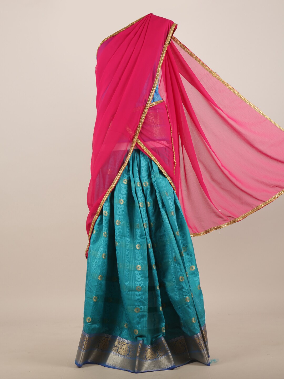 Pothys Pink & Blue Woven Design Half Saree