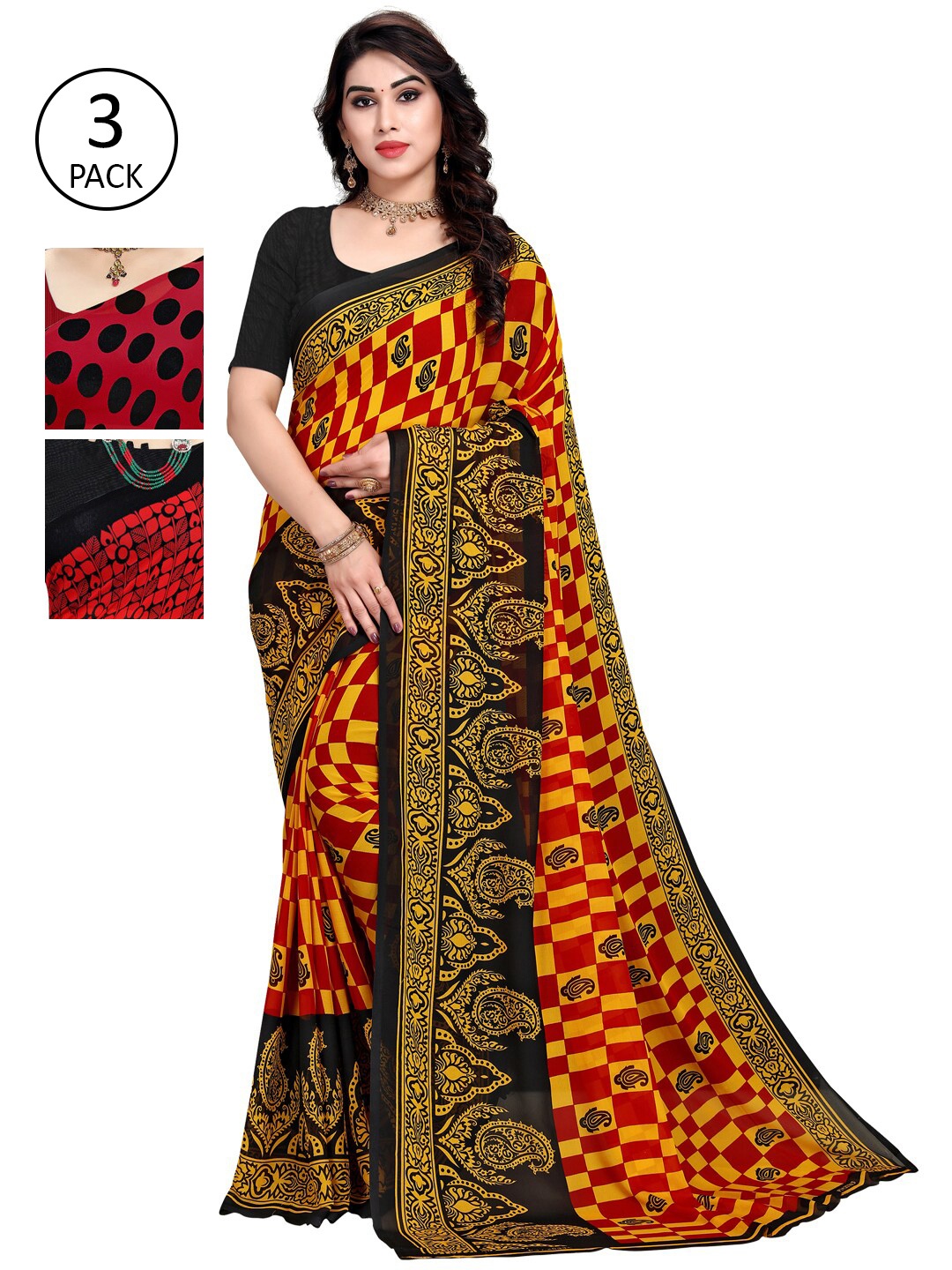 KALINI Pack Of 3 Poly Georgette Printed Sarees, Red