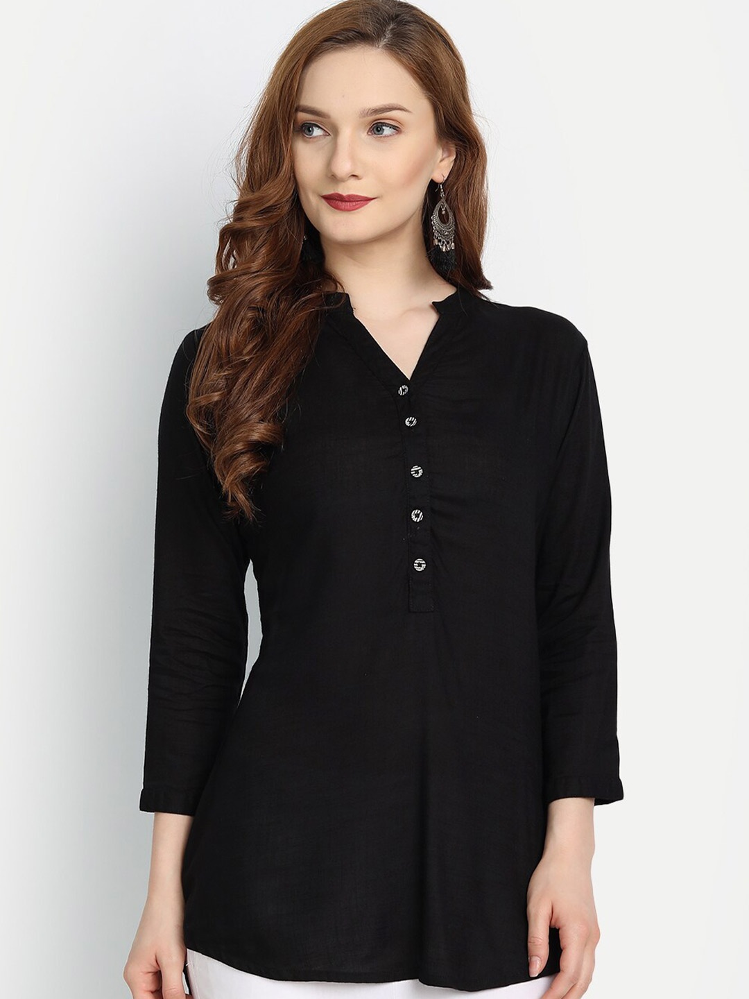 fabGLOBAL Women Black Solid Mandarin Collar Regular Top
