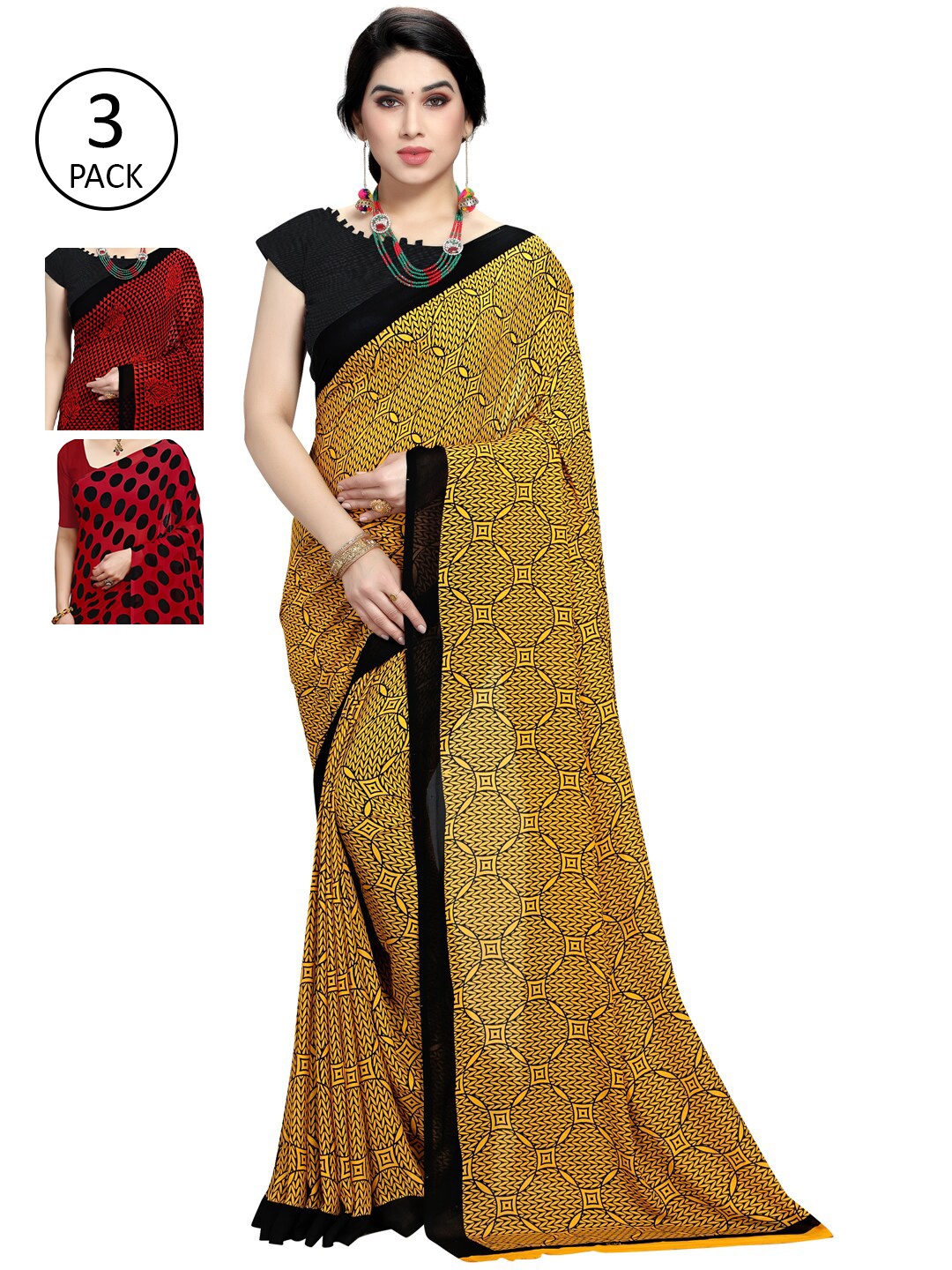 KALINI Yellow & Red Pack of 3 Printed Sarees