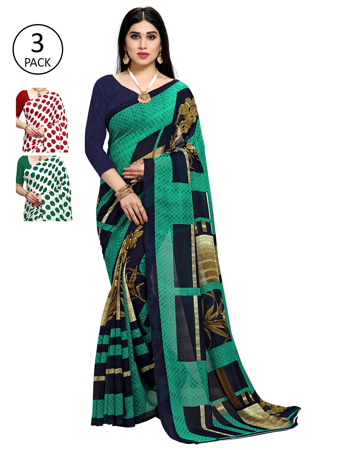 KALINI Red & White Pack of 3 Printed Sarees