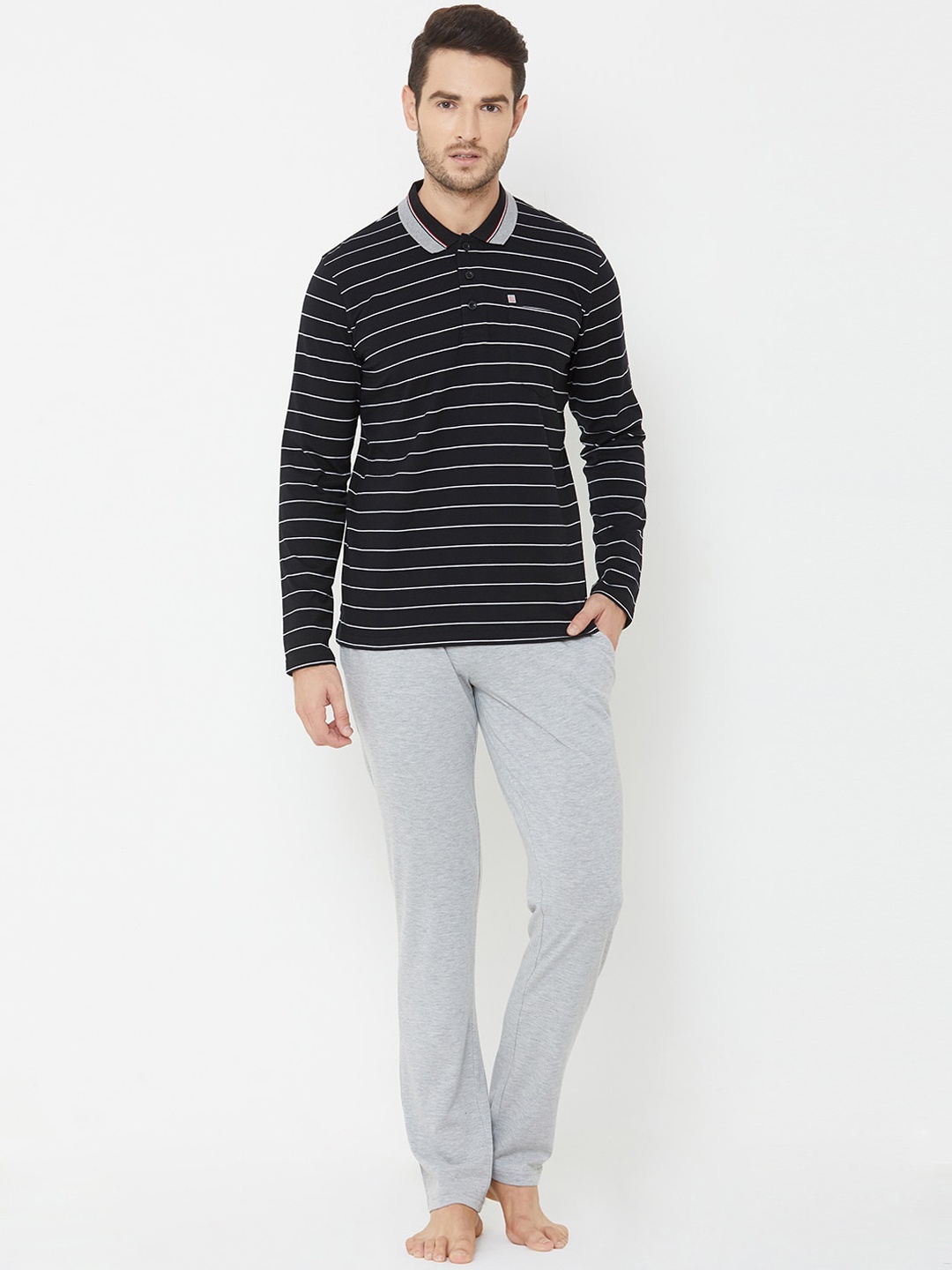 Sweet Dreams Men Black & Grey Striped Night Suit