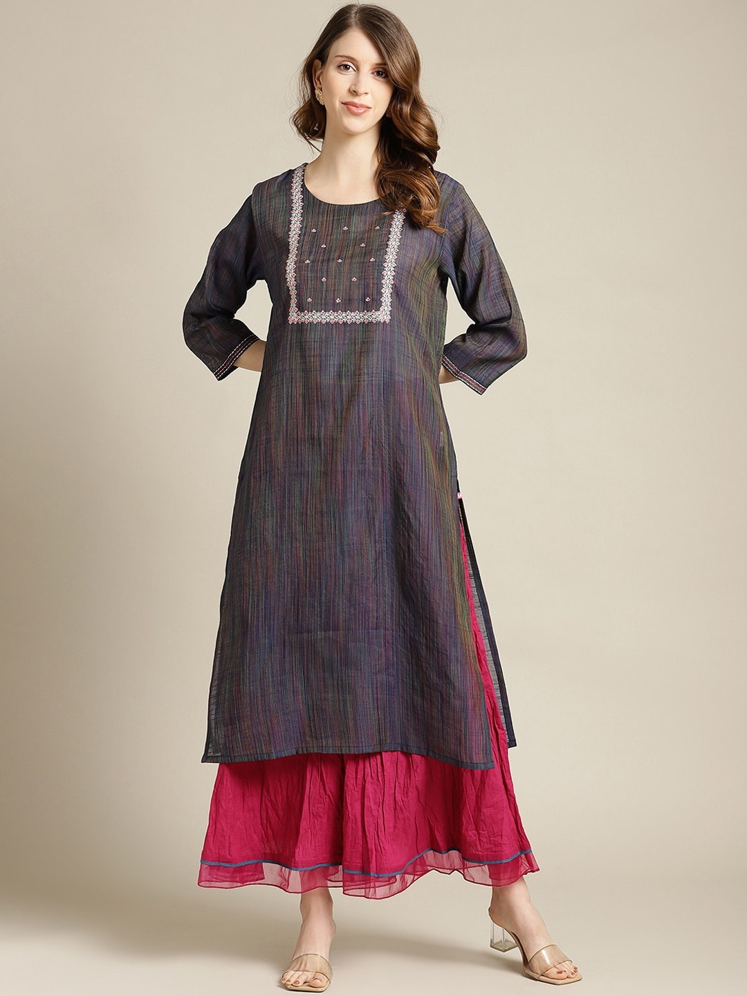 KSUT Women Navy Blue Ethnic Motifs Yoke Design Empire Chanderi Silk Kurta with Sharara
KSUT Women Navy Blue Ethnic Motifs Yoke Design Empire Chanderi Silk Kurta with Sharara