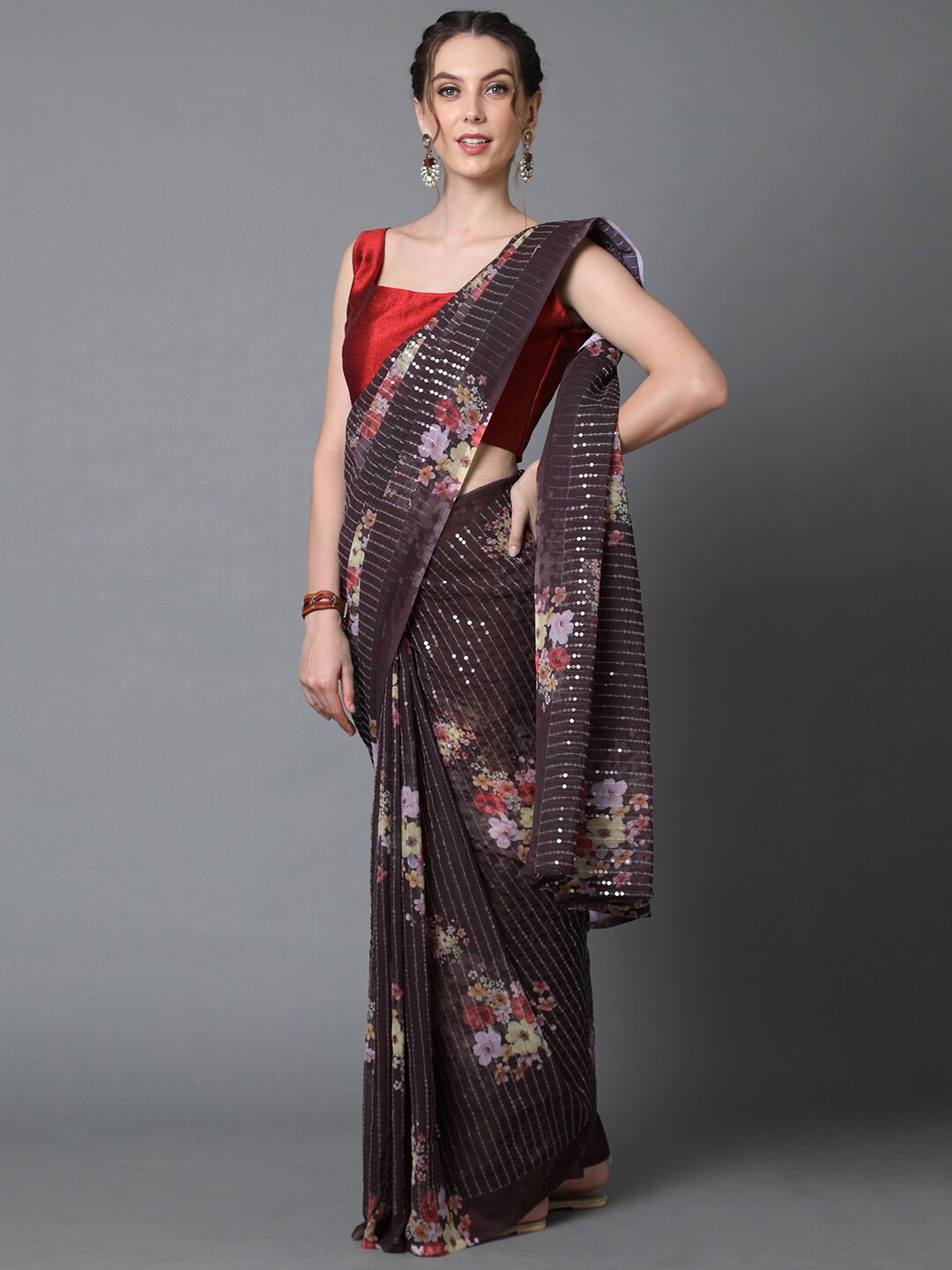 Mitera Brown & Red Floral Sequinned Saree
