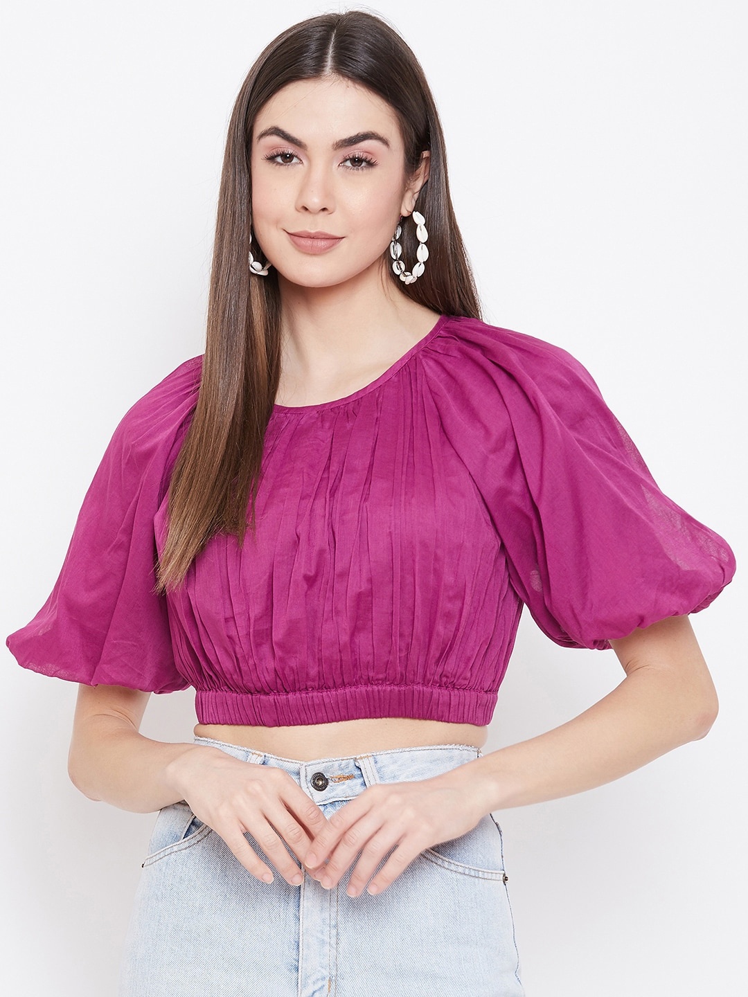 sandy AND ritz Fuchsia Puff Sleeve Blouson Crop Sustainable Top