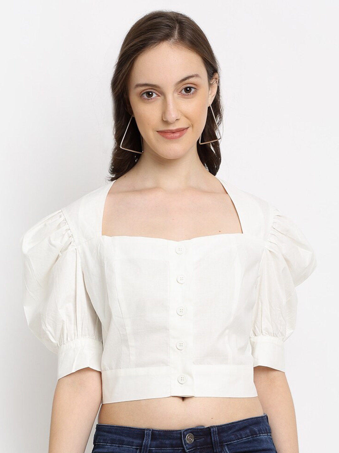 DIVA WALK EXCLUSIVE Off White Sweetheart Neck Puff Sleeve Shirt Style Crop Top