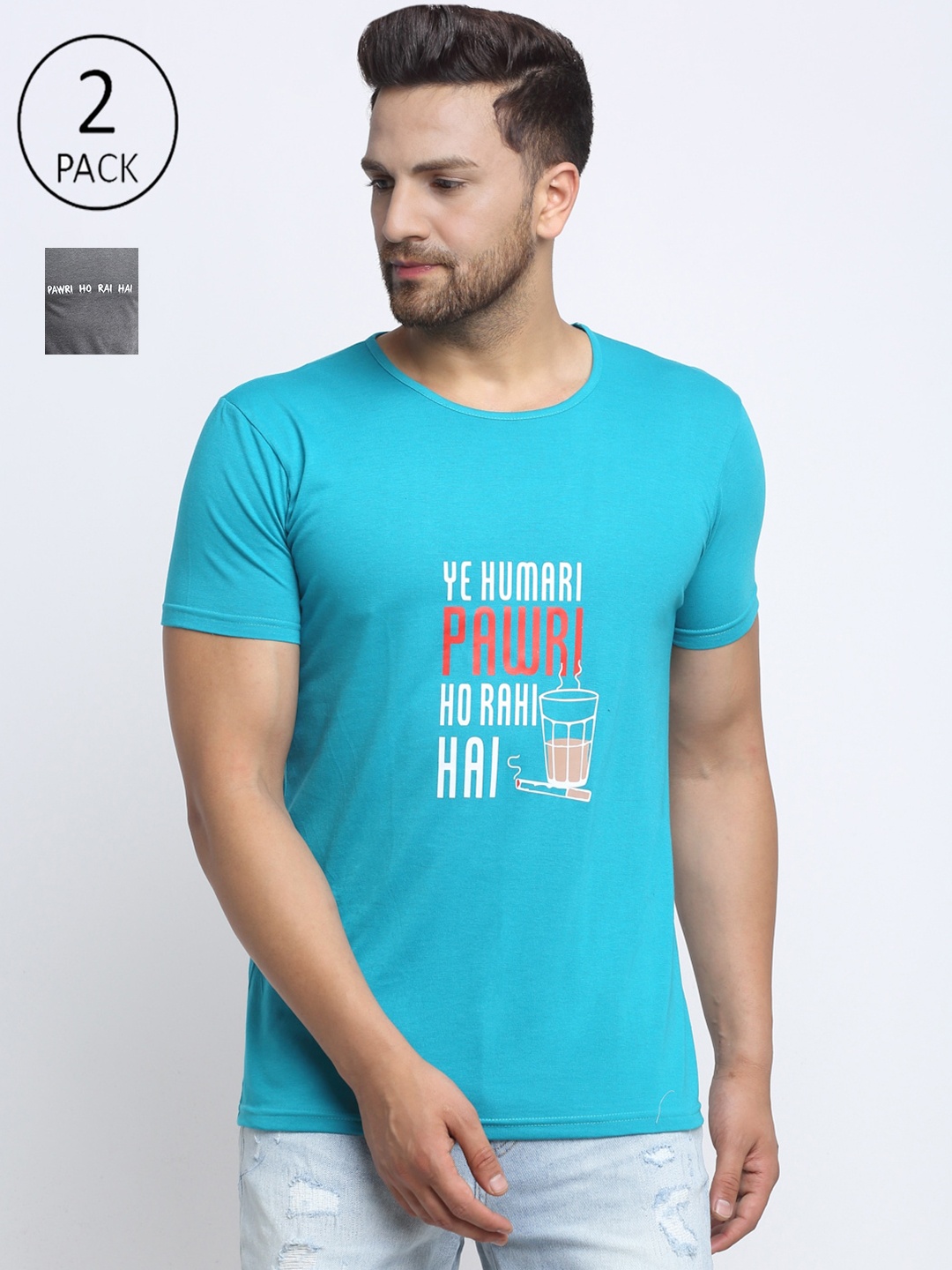 VIMAL JONNEY Men Pack Of 2 Turquoise Blue & Grey Printed T-shirts