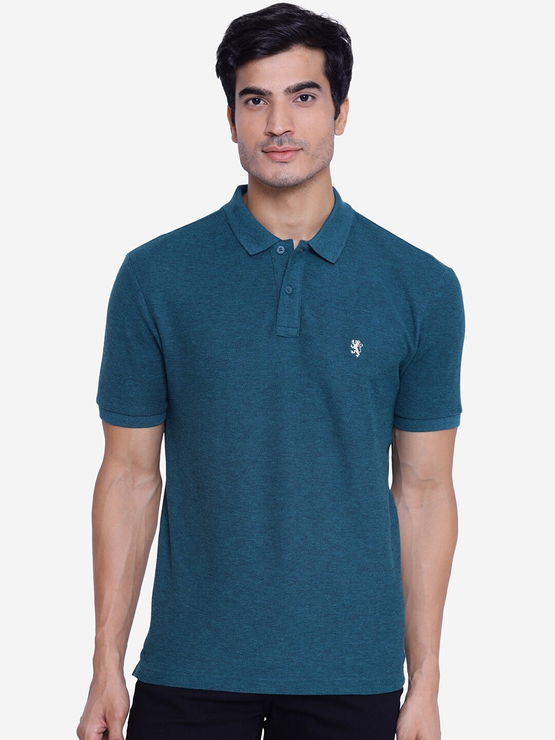 Red Tape Men Teal Blue Self-Design Polo Collar T-shirt