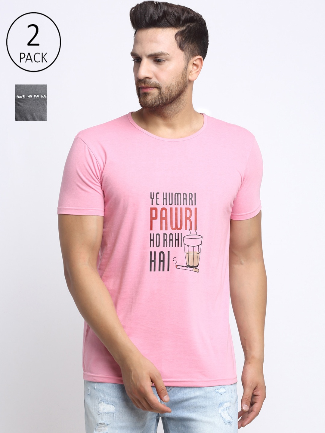VIMAL JONNEY Men Set of 2 Pink & Grey Melange Typography Printed T-shirts