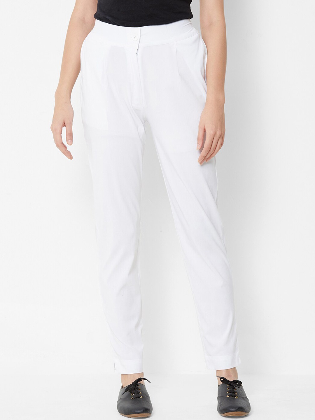 ZOLA Women White Straight Fit Pleated Joggers Trousers
