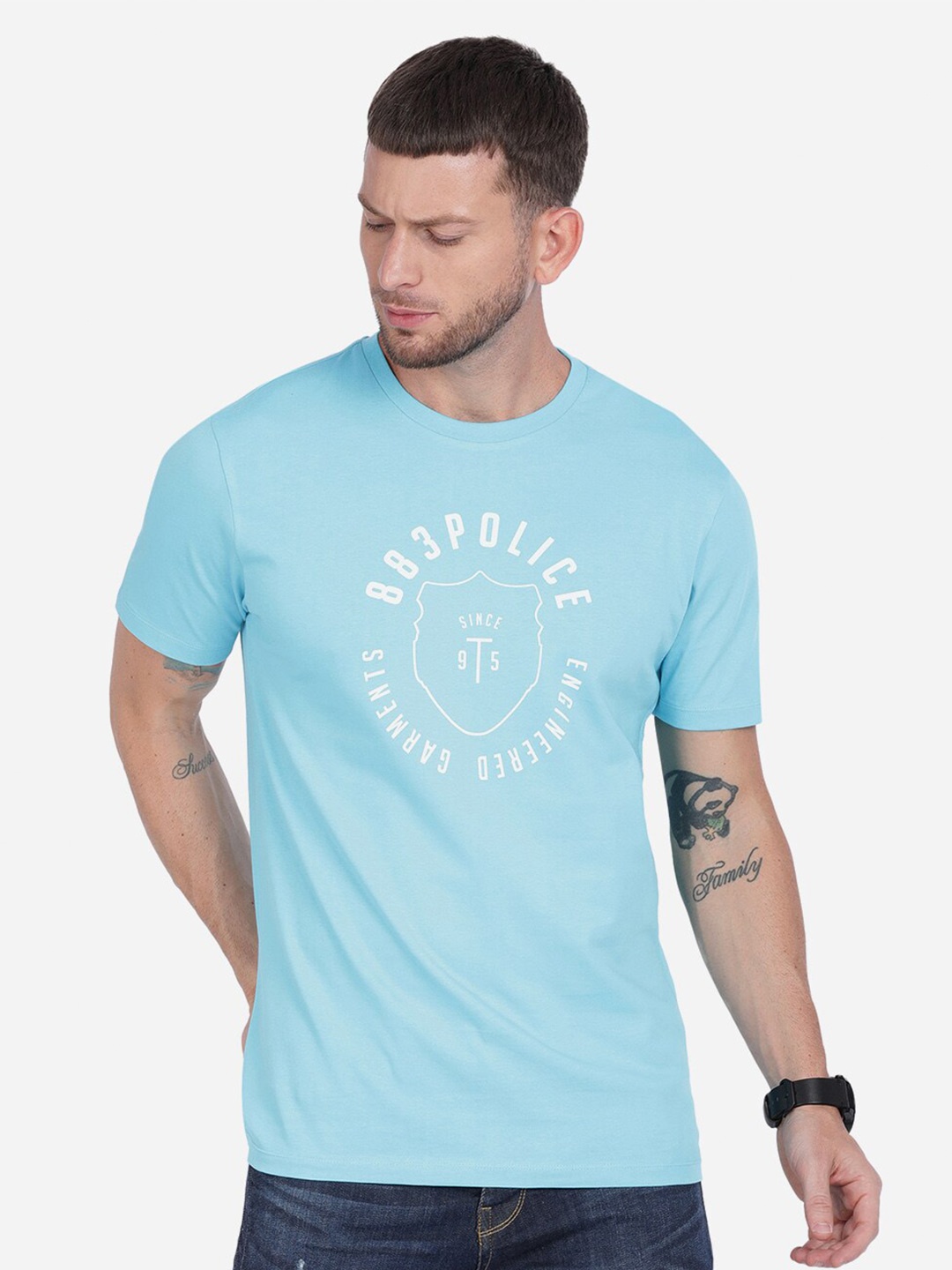 883 Police Men Turquoise Blue Brand Logo Printed T-shirt