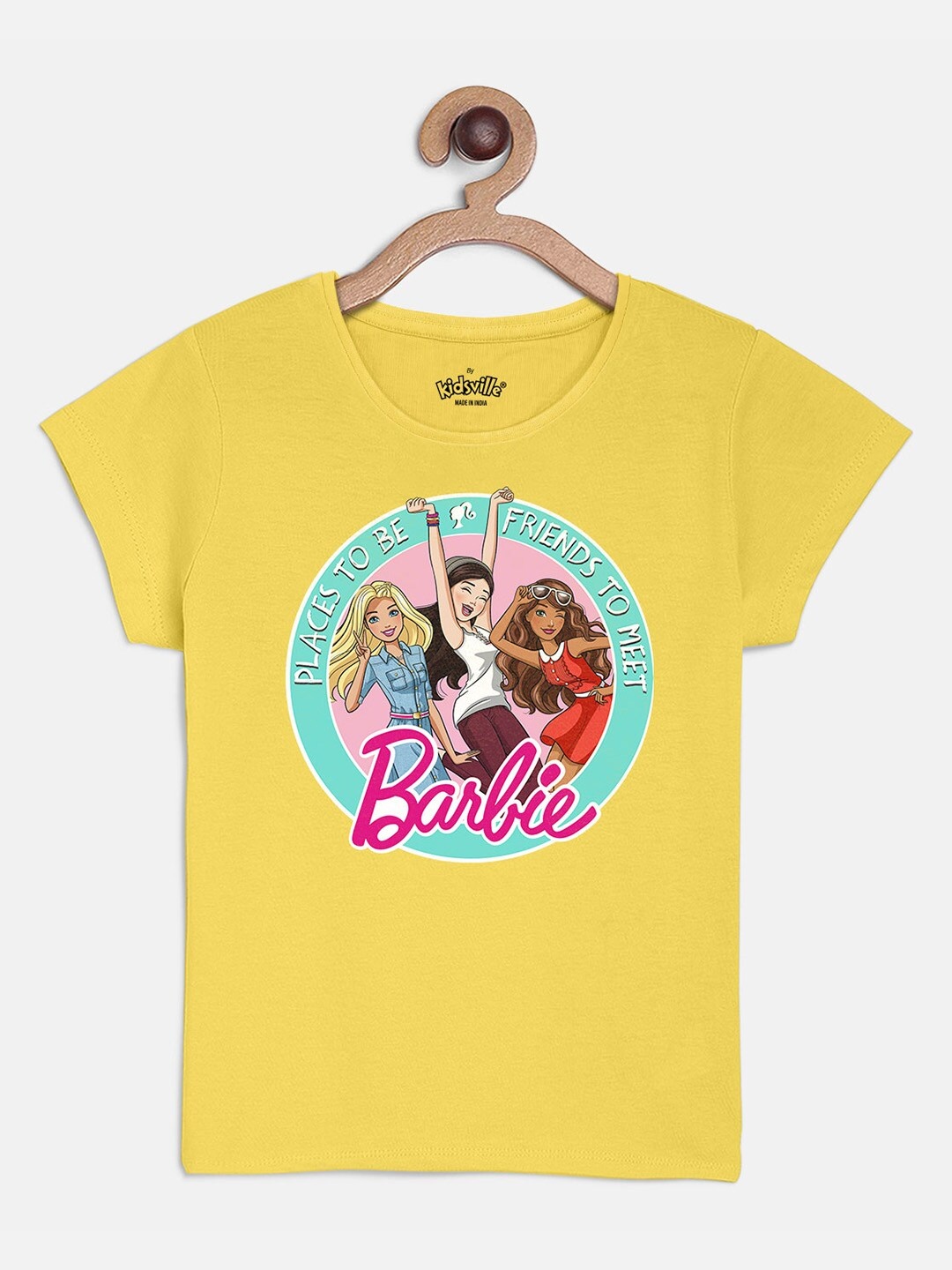 Kids Ville Girls Yellow Barbie Printed Cotton Pure Cotton T-shirt