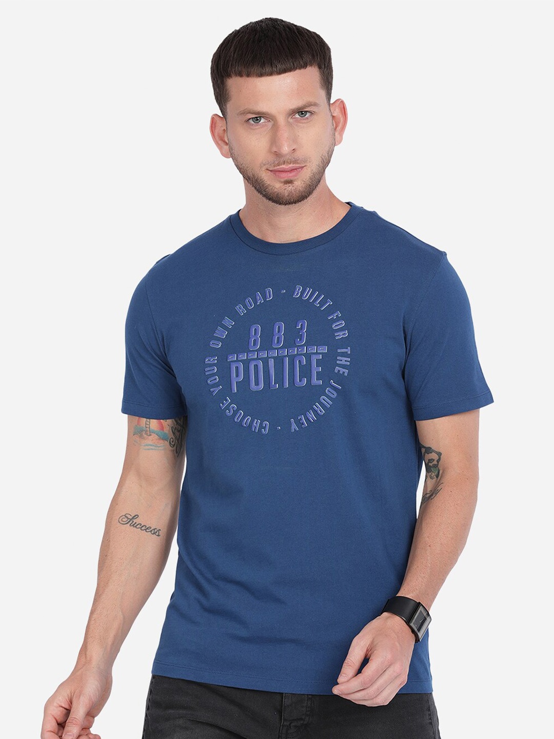 883 Police Men Blue Brand Logo Printed T-shirt