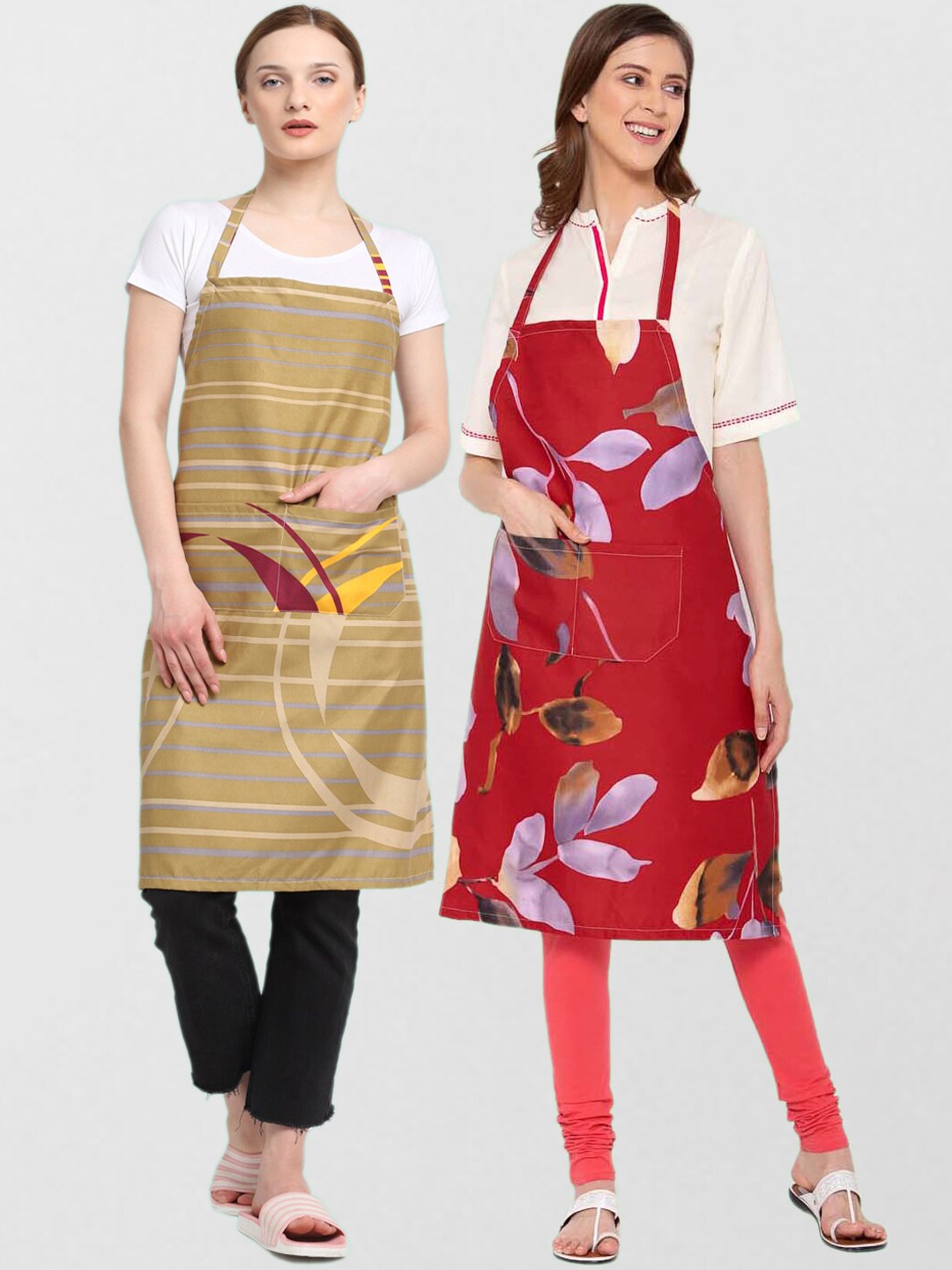 KLOTTHE Unisex Pack Of 2 Printed 210 TC Cotton Aprons, Beige