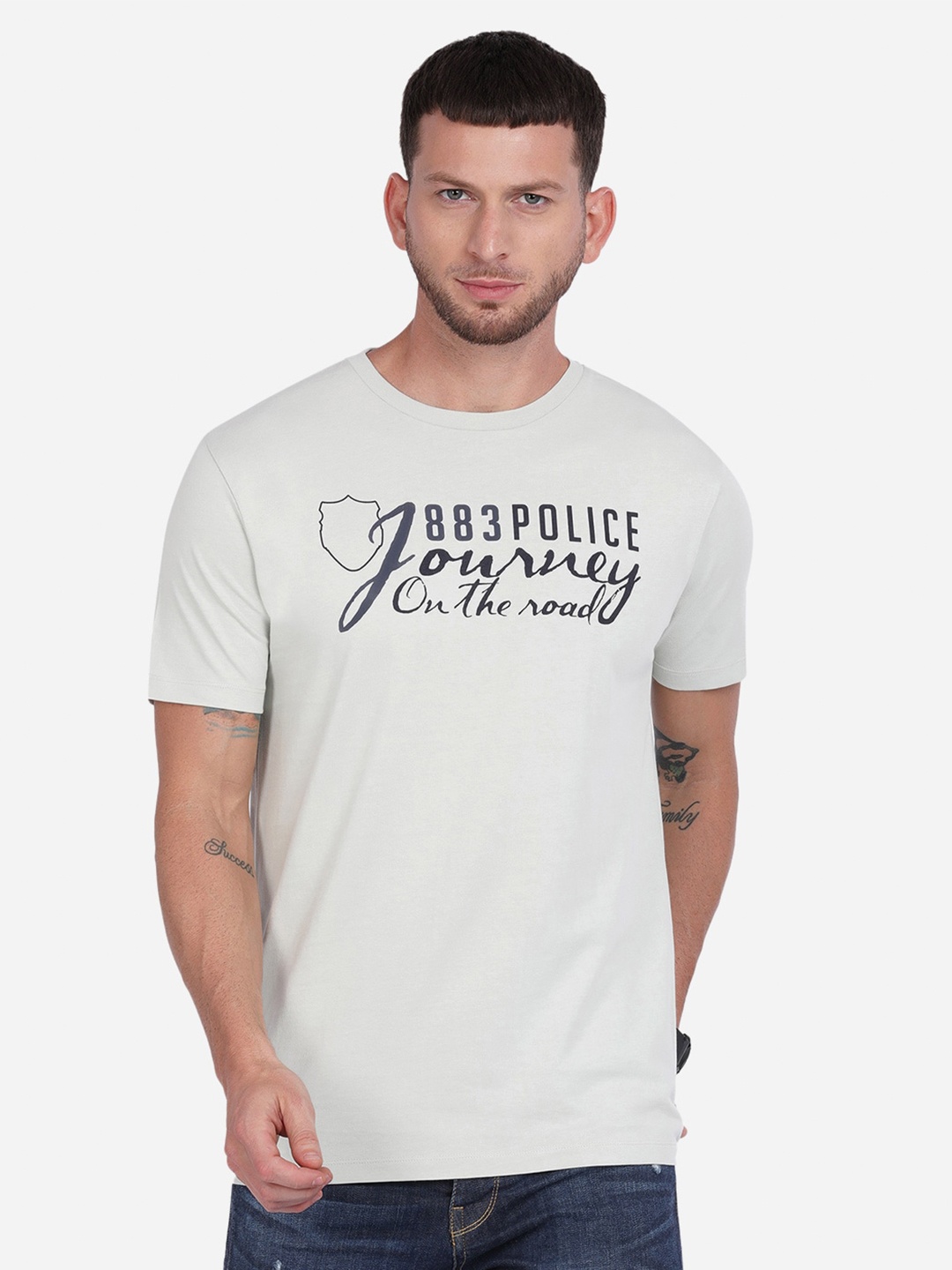 883 Police Men Grey Brand Logo Printed Cotton T-shirt