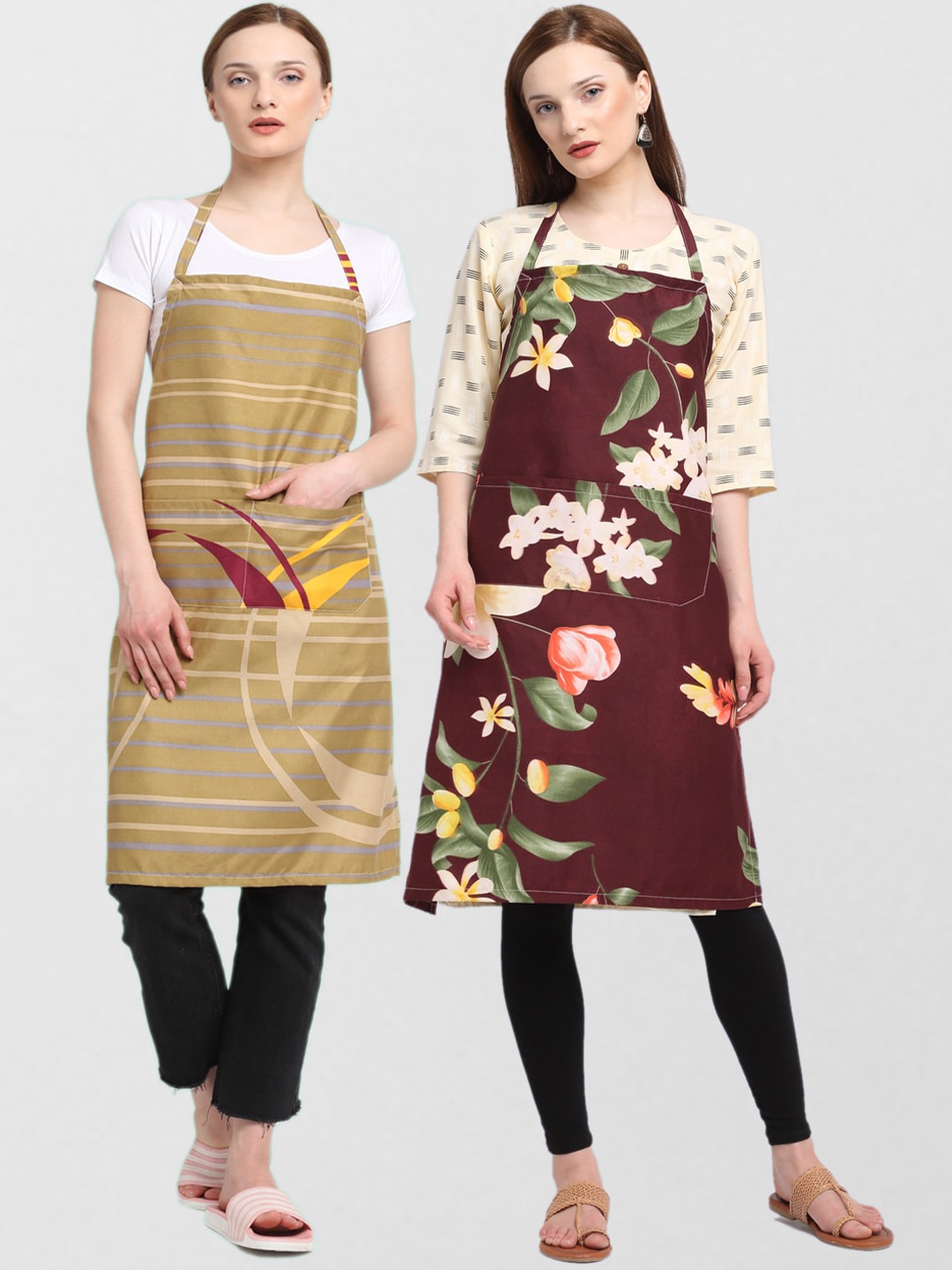 KLOTTHE Unisex Pack Of 2 Printed 210TC Cotton Aprons, Brown