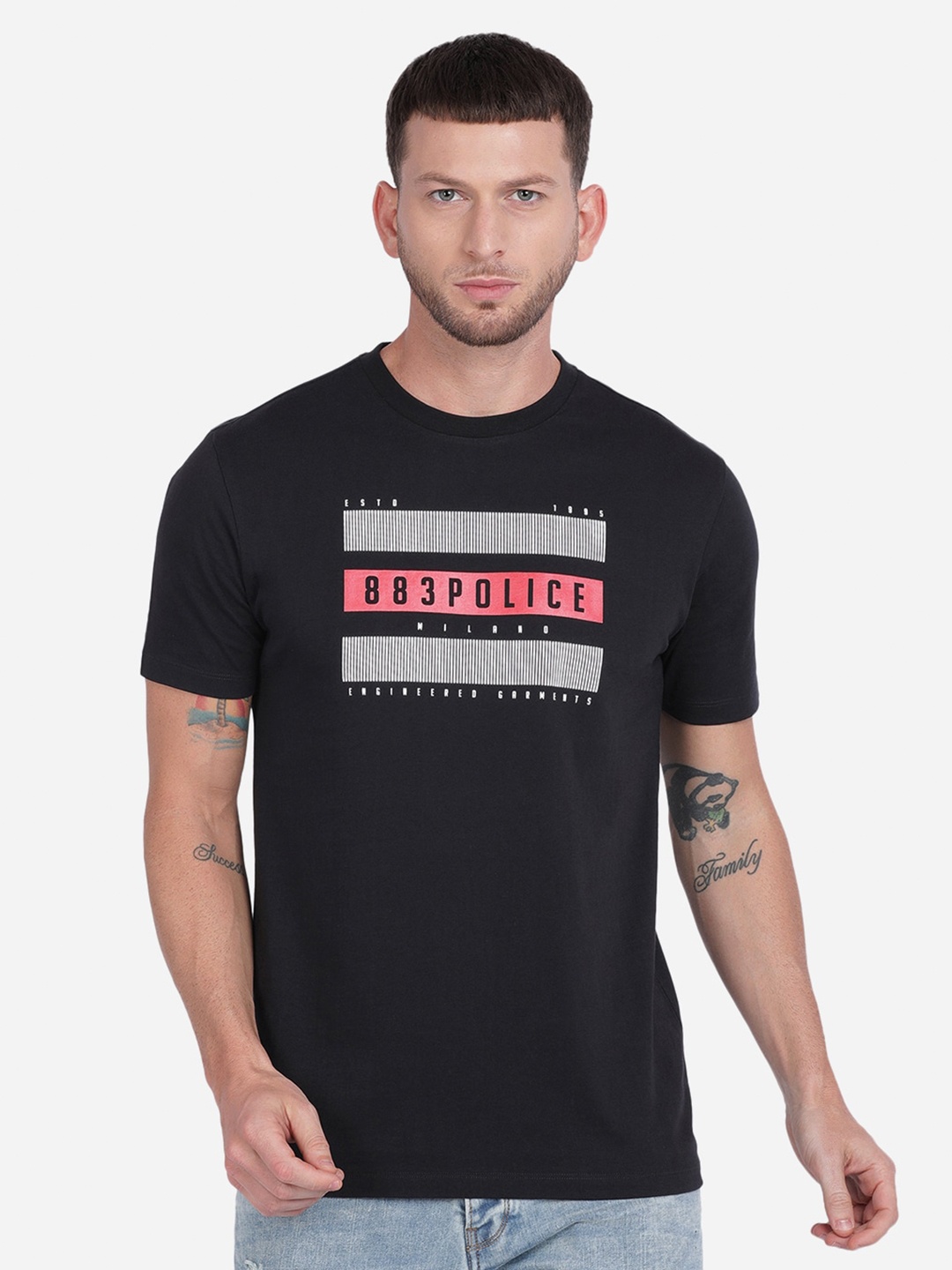 883 Police Men Black Brand Logo Printed T-shirt