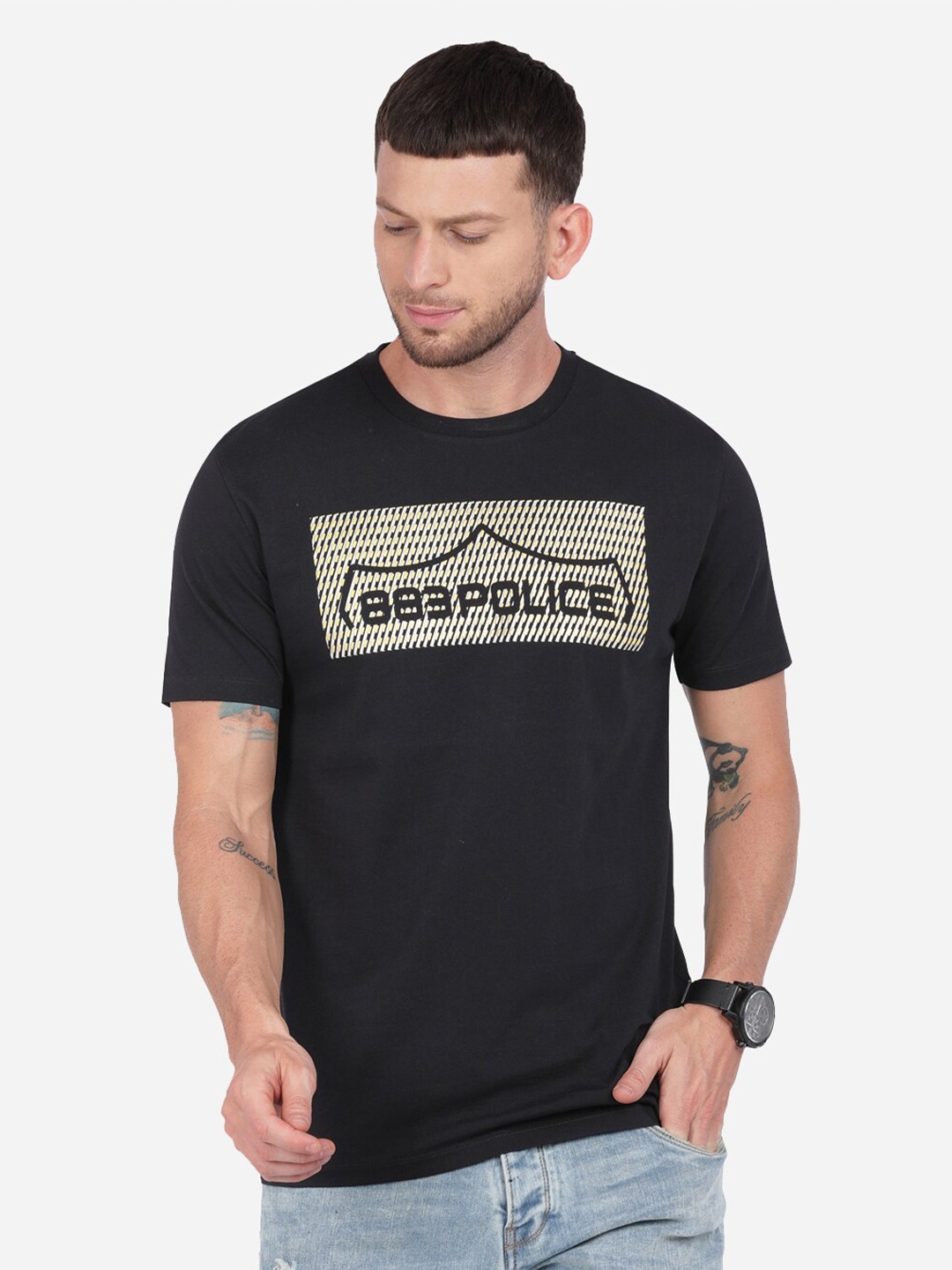 883 Police Men Black Typography Printed T-shirt